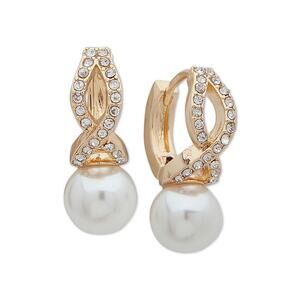 Anne Klein Gold-Tone Imitation Pearl and Crystal Huggie Drop Earrings NEW